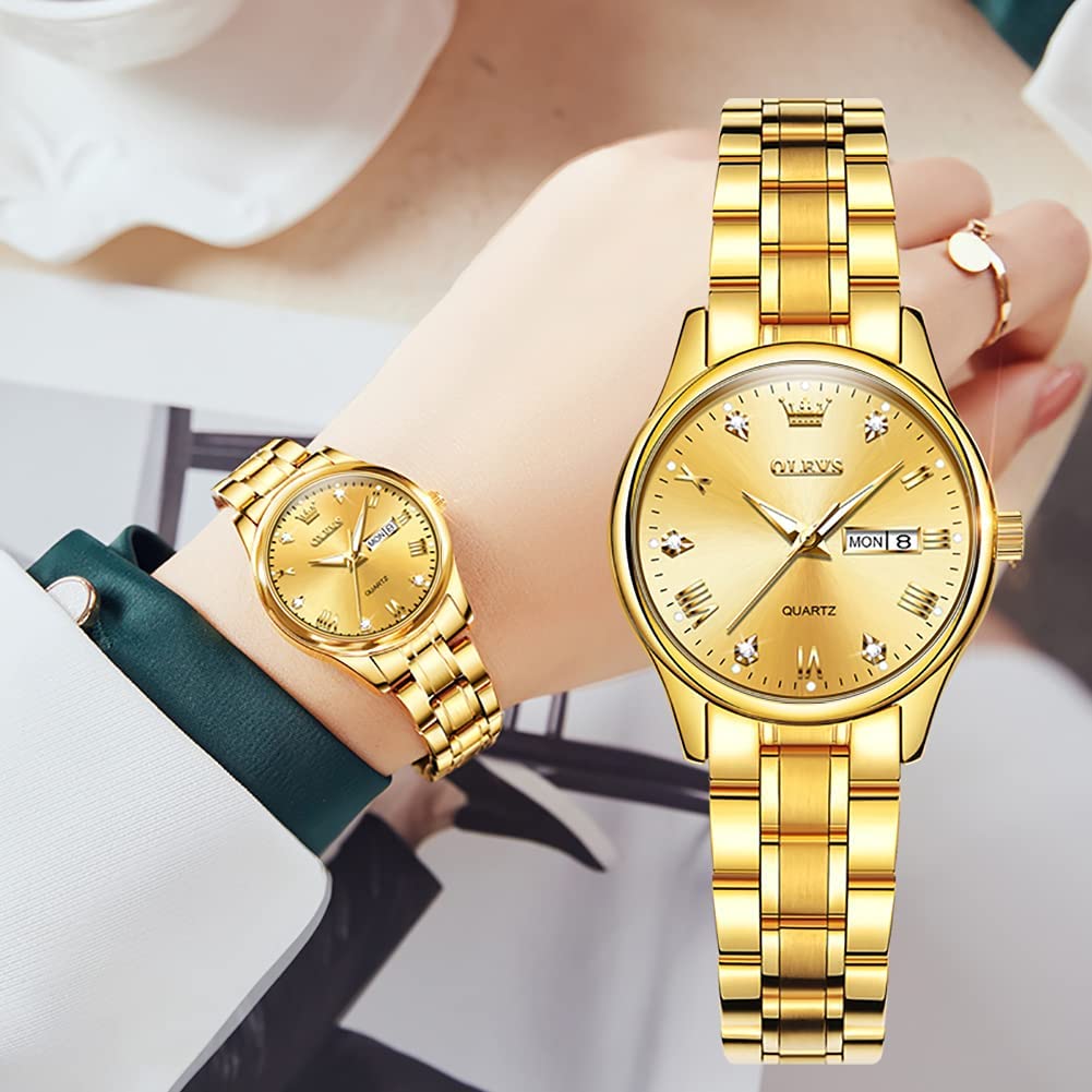 OLEVS Gold Watches for Women Luxury Wrist Watches Day and Date Waterproof Stainless Steel Quartz Analog Lightweight Ladies Watches Adjustable Bracelet Simple Dress Wristwatch Gold Black White Dial - Image 3